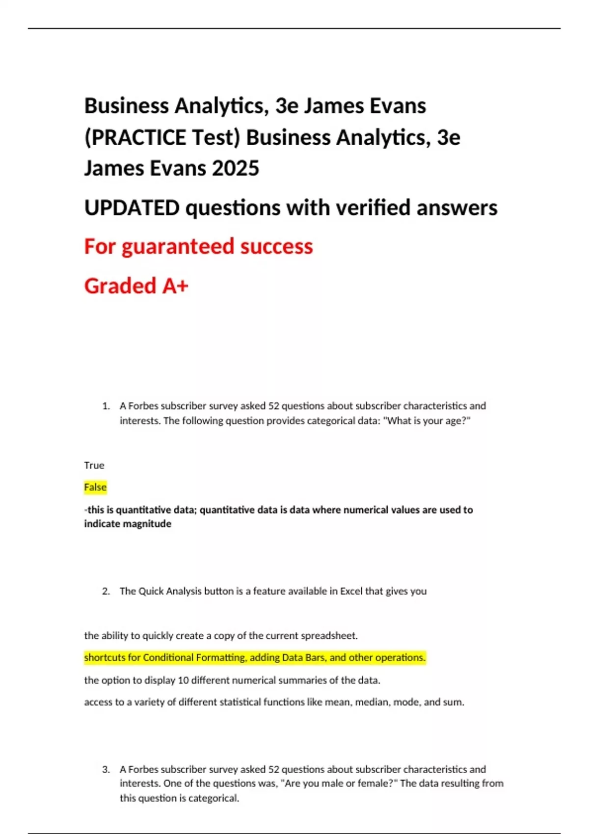 Business Analytics, 3e James Evans (PRACTICE Test) Business Analytics ...