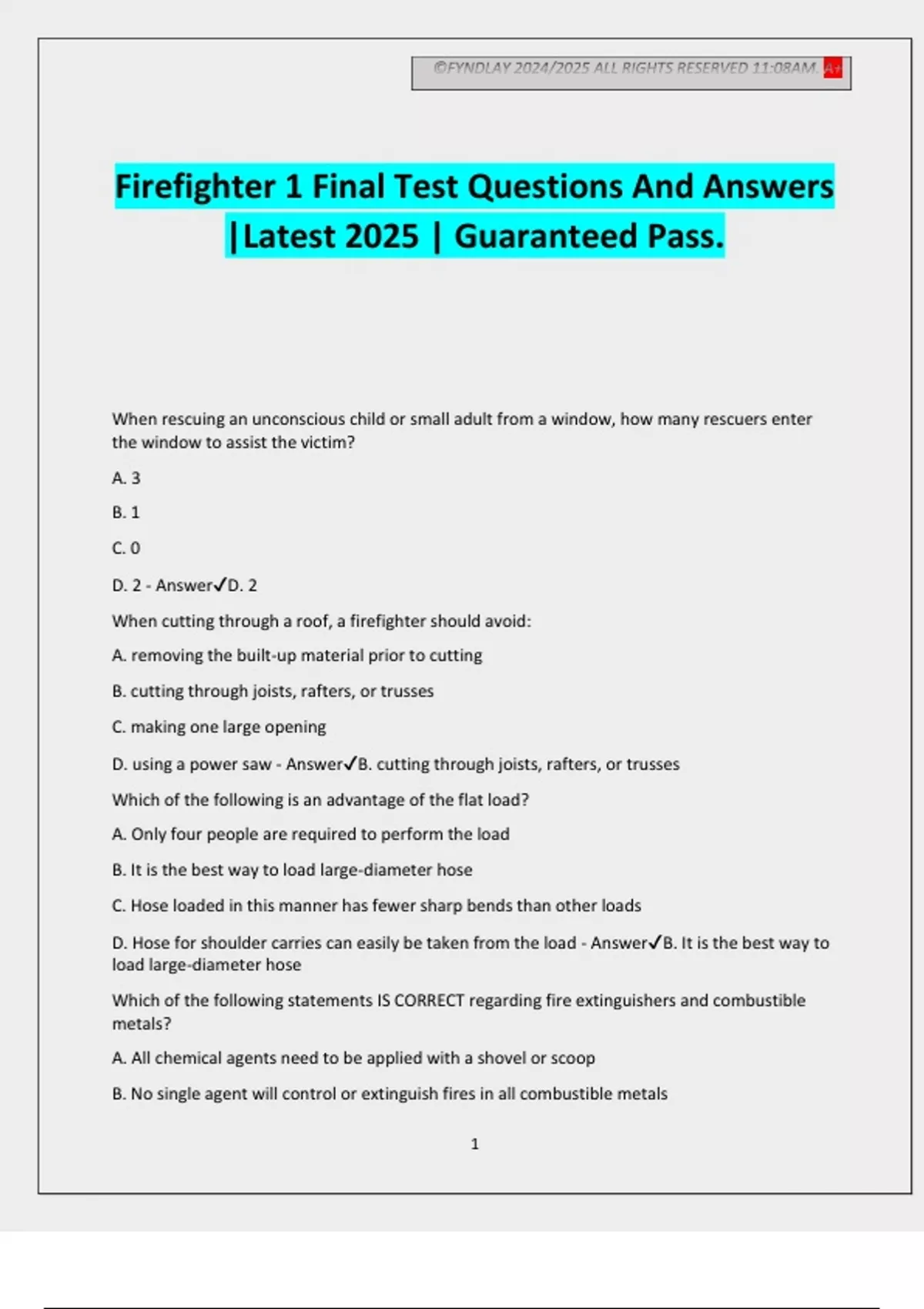 Firefighter 1 Final Test Questions And Answers |Latest 2025 ...