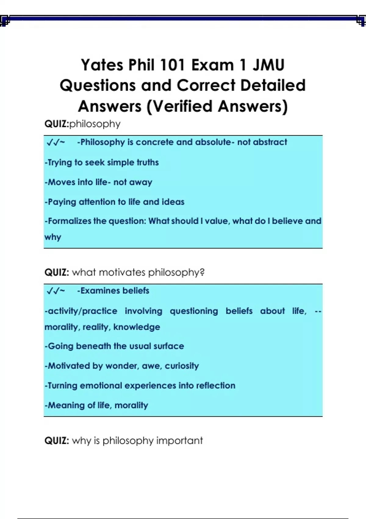 Yates Phil 101 Exam 1 JMU Questions and Correct Detailed Answers ...