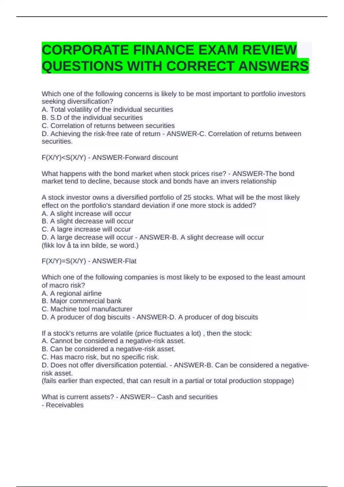 CORPORATE FINANCE EXAM REVIEW QUESTIONS WITH CORRECT ANSWERS ...