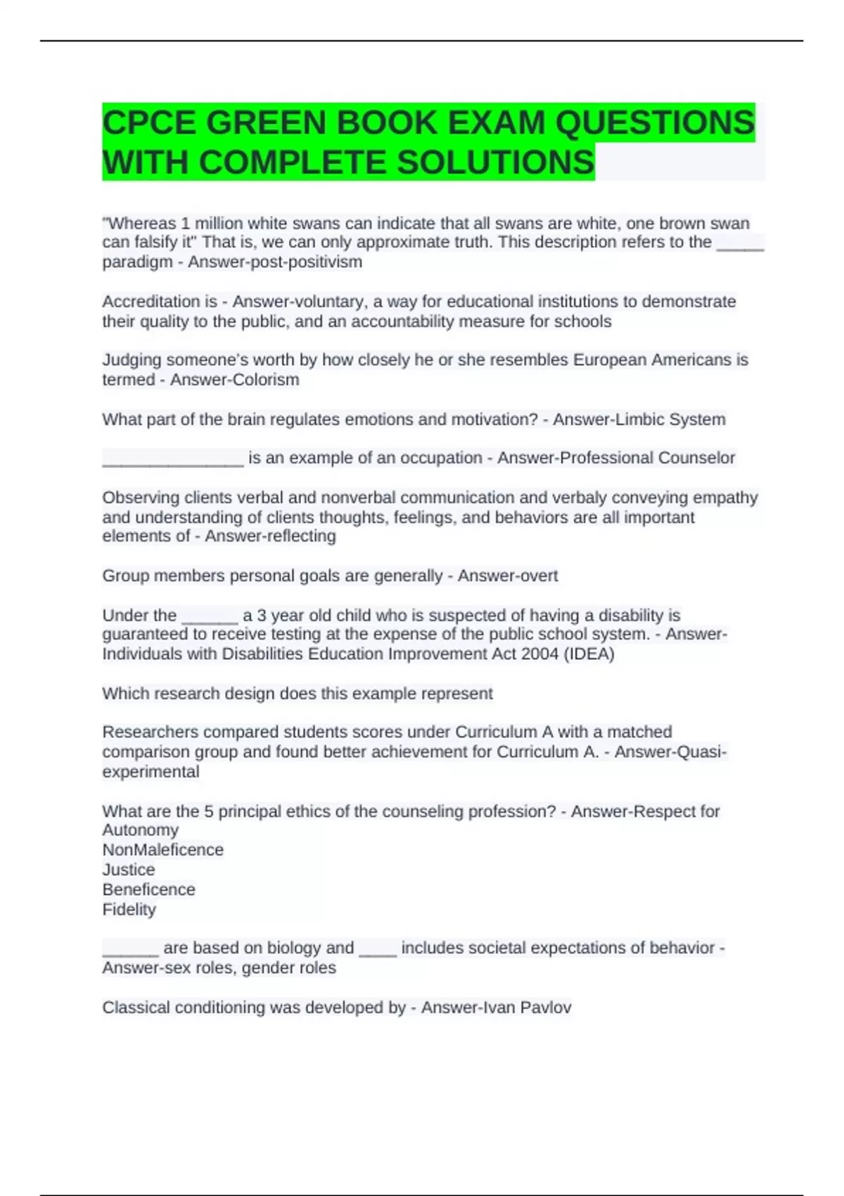 CPCE GREEN BOOK EXAM QUESTIONS WITH COMPLETE SOLUTIONS - Guidance and ...