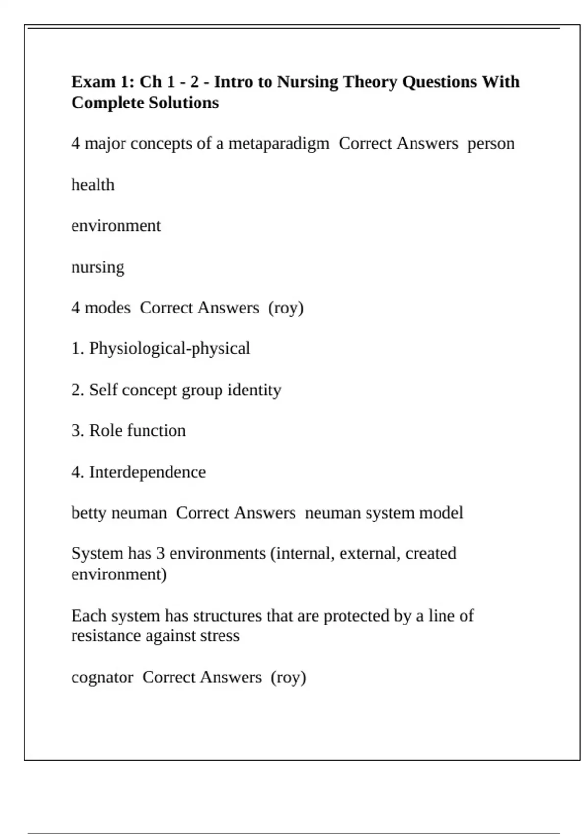 Exam 1: Ch 1 - 2 - Intro to Nursing Theory Questions With Complete ...