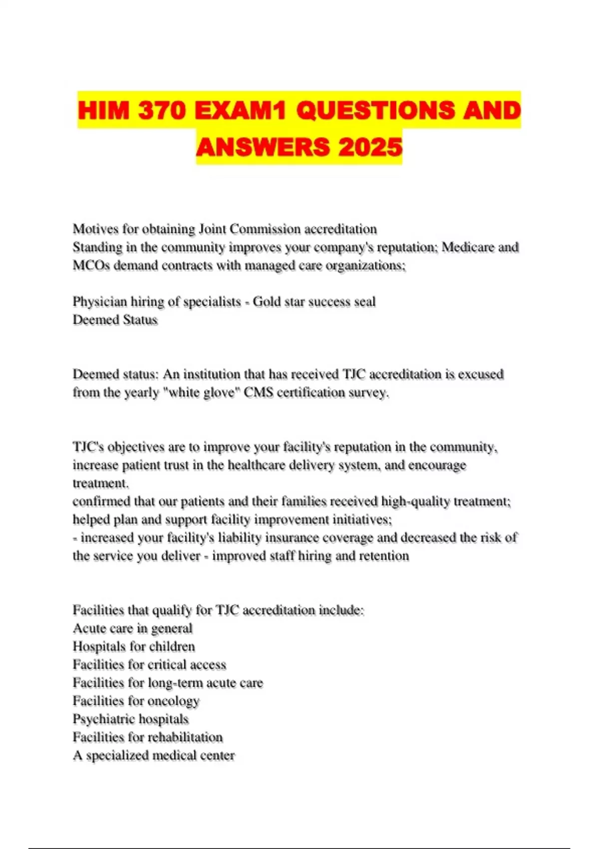 HIM 370 EXAM 1 QUESTIONS AND ANSWERS 2025 - HIM 370 - Stuvia US