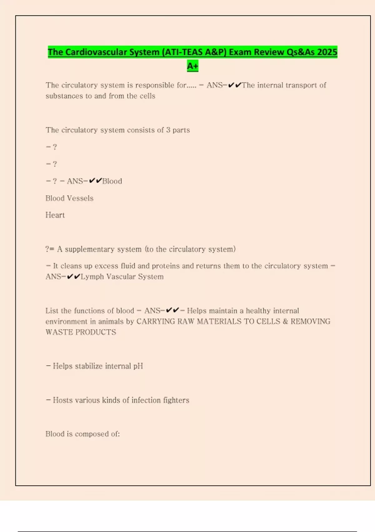 The Cardiovascular System (ATI-TEAS A&P) Exam Review Qs&As 2025 A+ ...