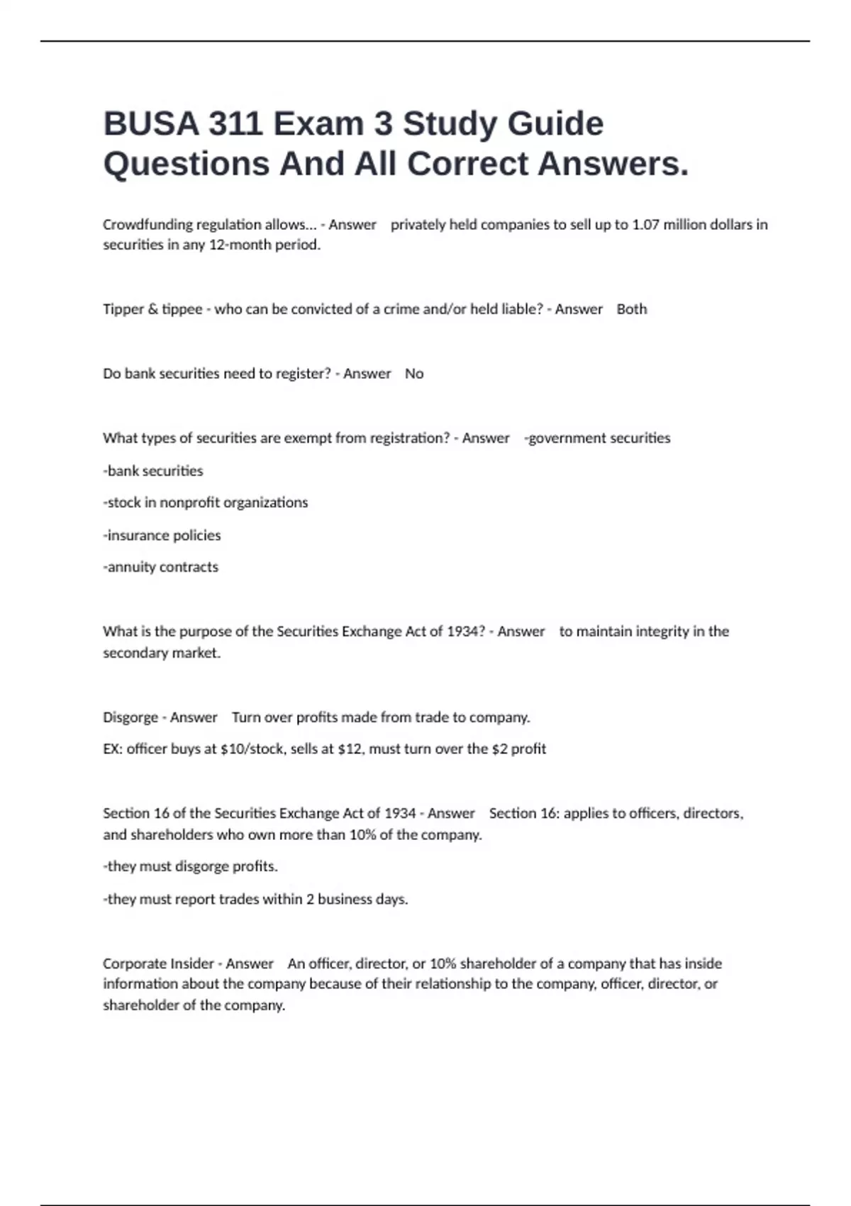 BUSA 311 Exam 3 Study Guide Questions And All Correct Answers. - BUSA ...