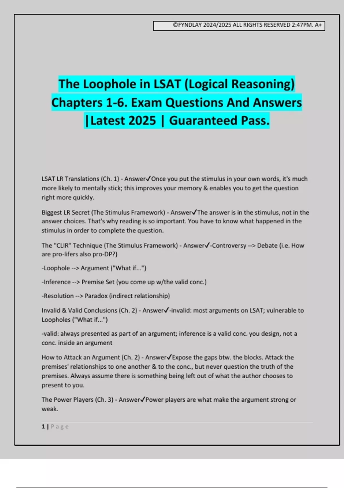 The Loophole in LSAT (Logical Reasoning) Chapters 1-6. Exam Questions ...