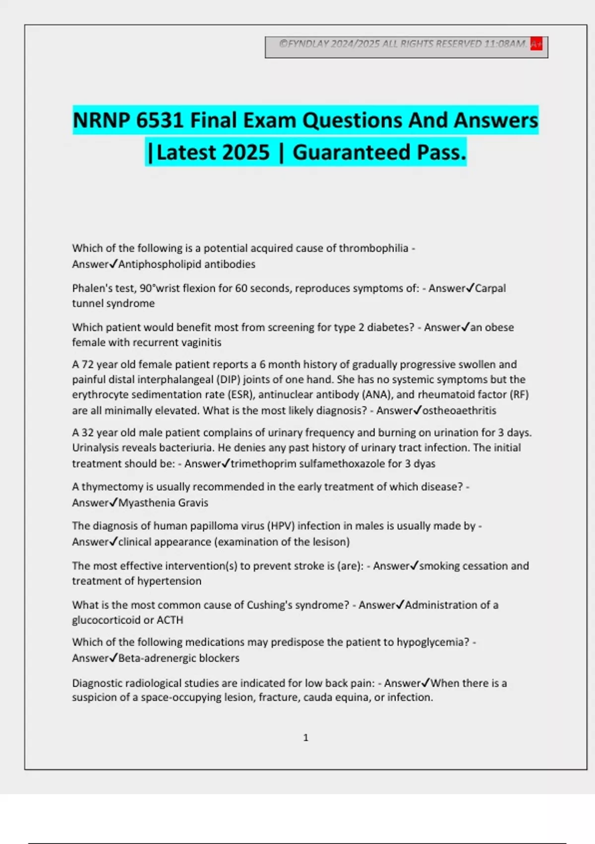 NRNP 6531 Final Exam Questions And Answers |Latest 2025 | Guaranteed ...
