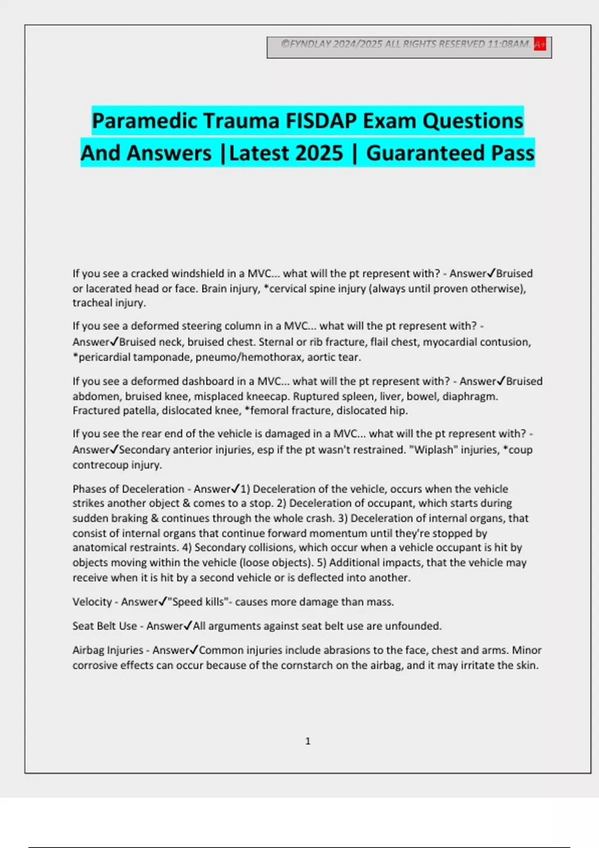 Paramedic Trauma FISDAP Exam Questions And Answers |Latest 2025 ...