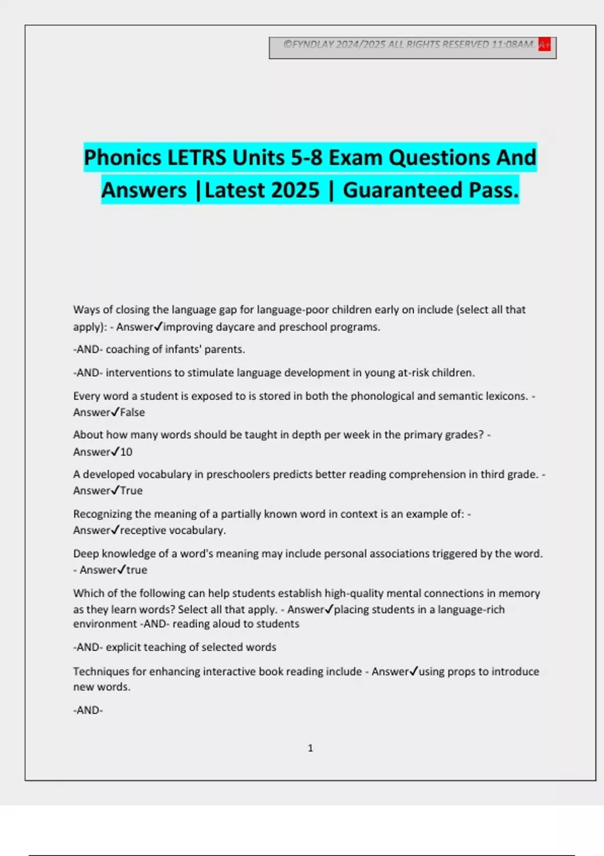 Phonics Letrs Units 5 8 Exam Questions And Answers Latest 2025