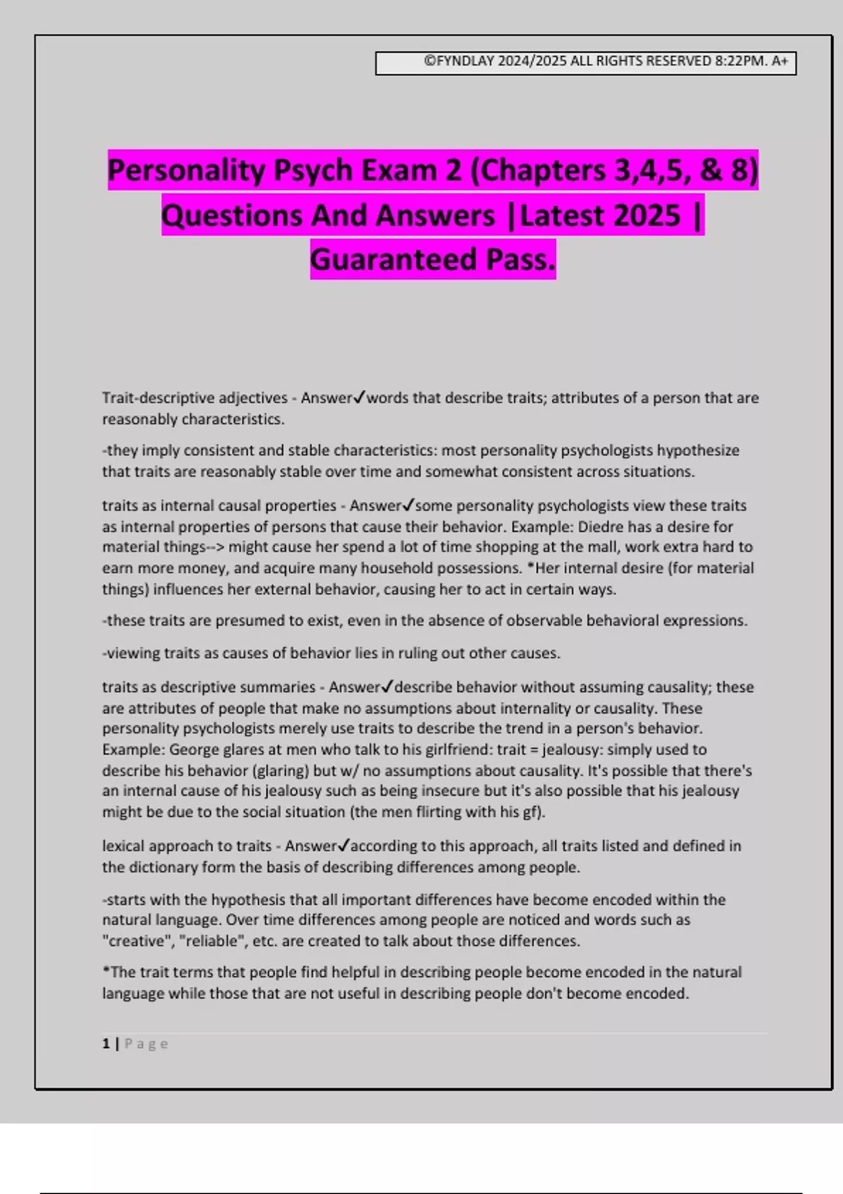 Personality Psych Exam 2 (Chapters 3,4,5, & 8) Questions And Answers ...