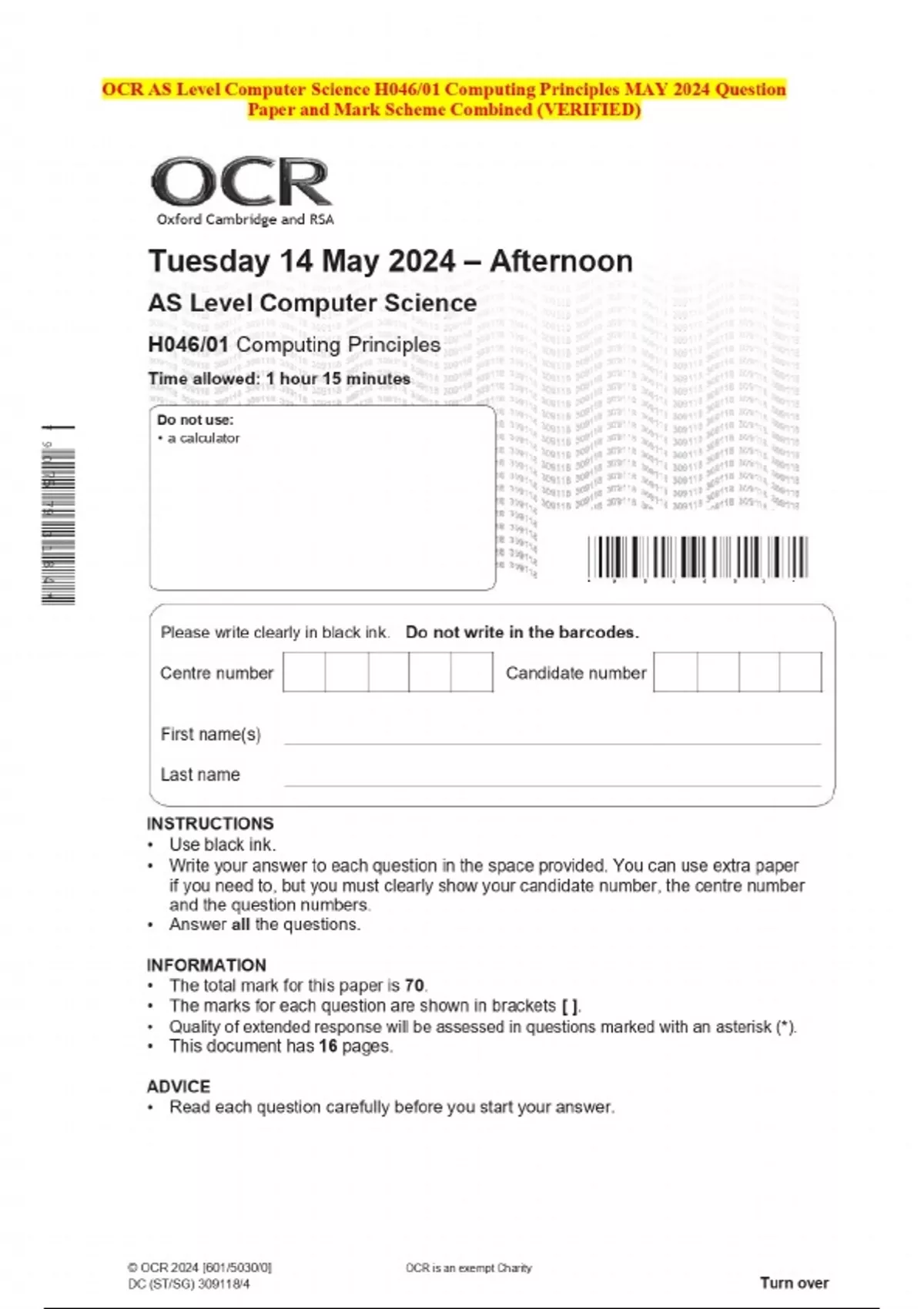 2024 OCR AS Level Computer Science H046/01 Computing Principles MAY ...