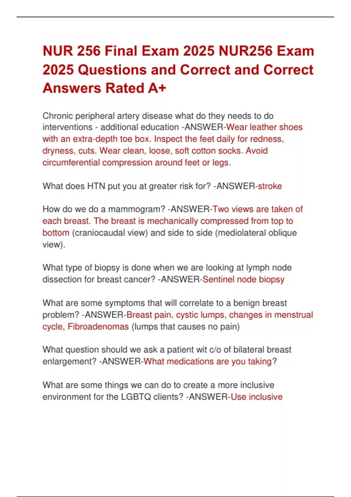 NUR 256 Final Exam 2025 NUR256 Exam 2025 Questions and Correct and ...