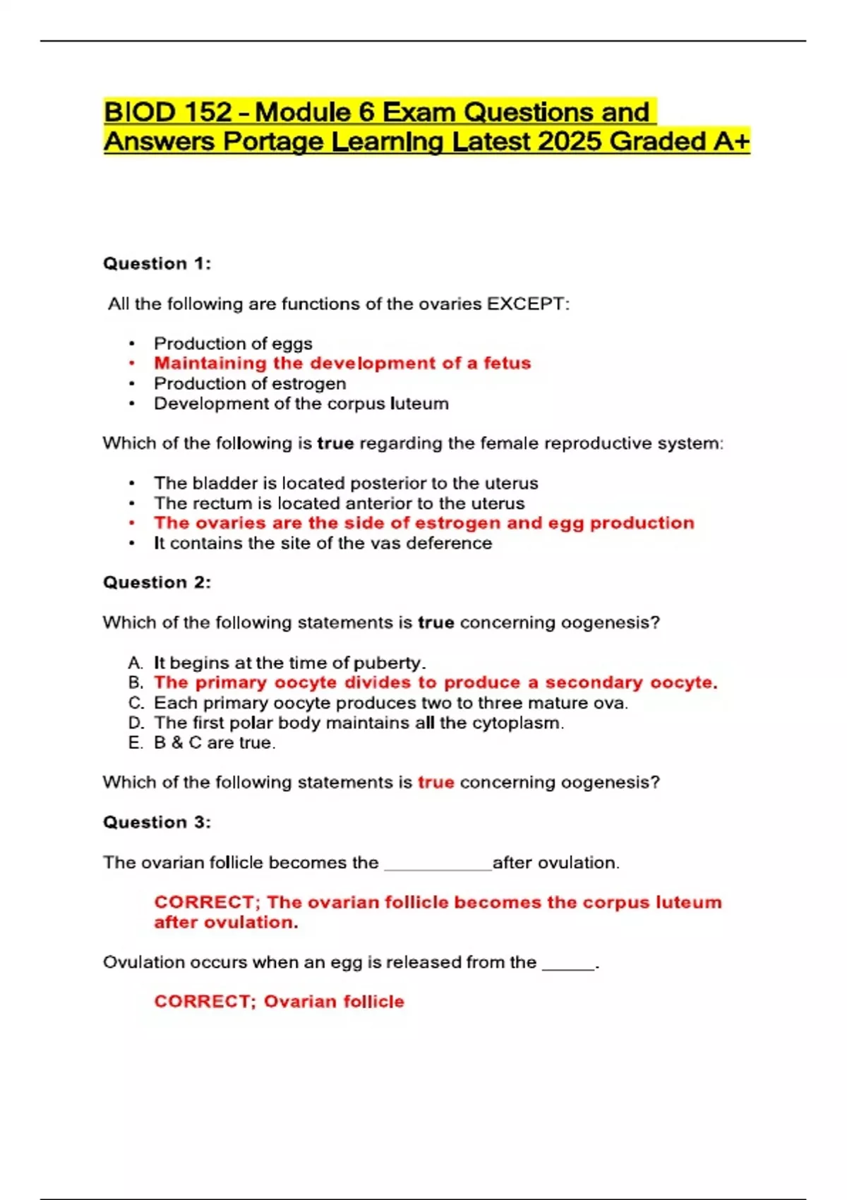 BIOD 152 – Module 6 Exam Questions and Answers Portage Learning Latest ...