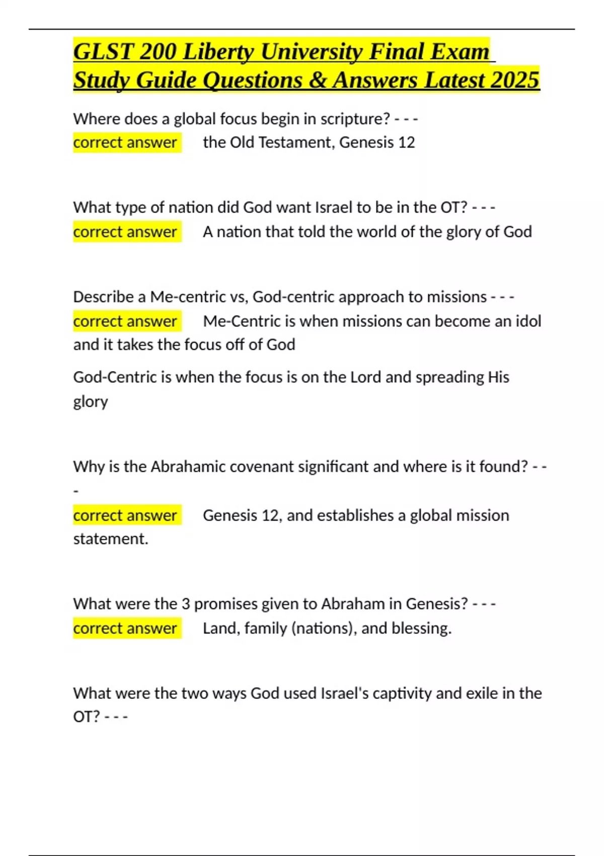 GLST 200 Liberty University Final Exam Study Guide Questions & Answers ...
