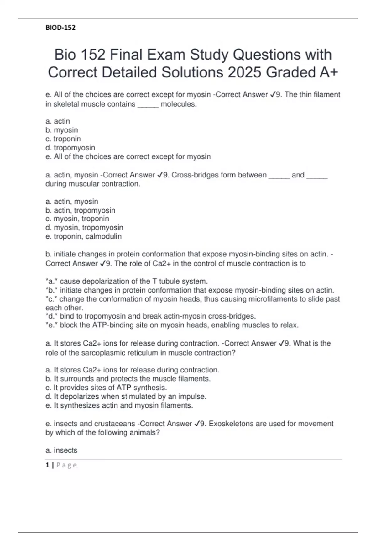 Bio 152 Final Exam Study Questions with Correct Detailed Solutions 2025 ...