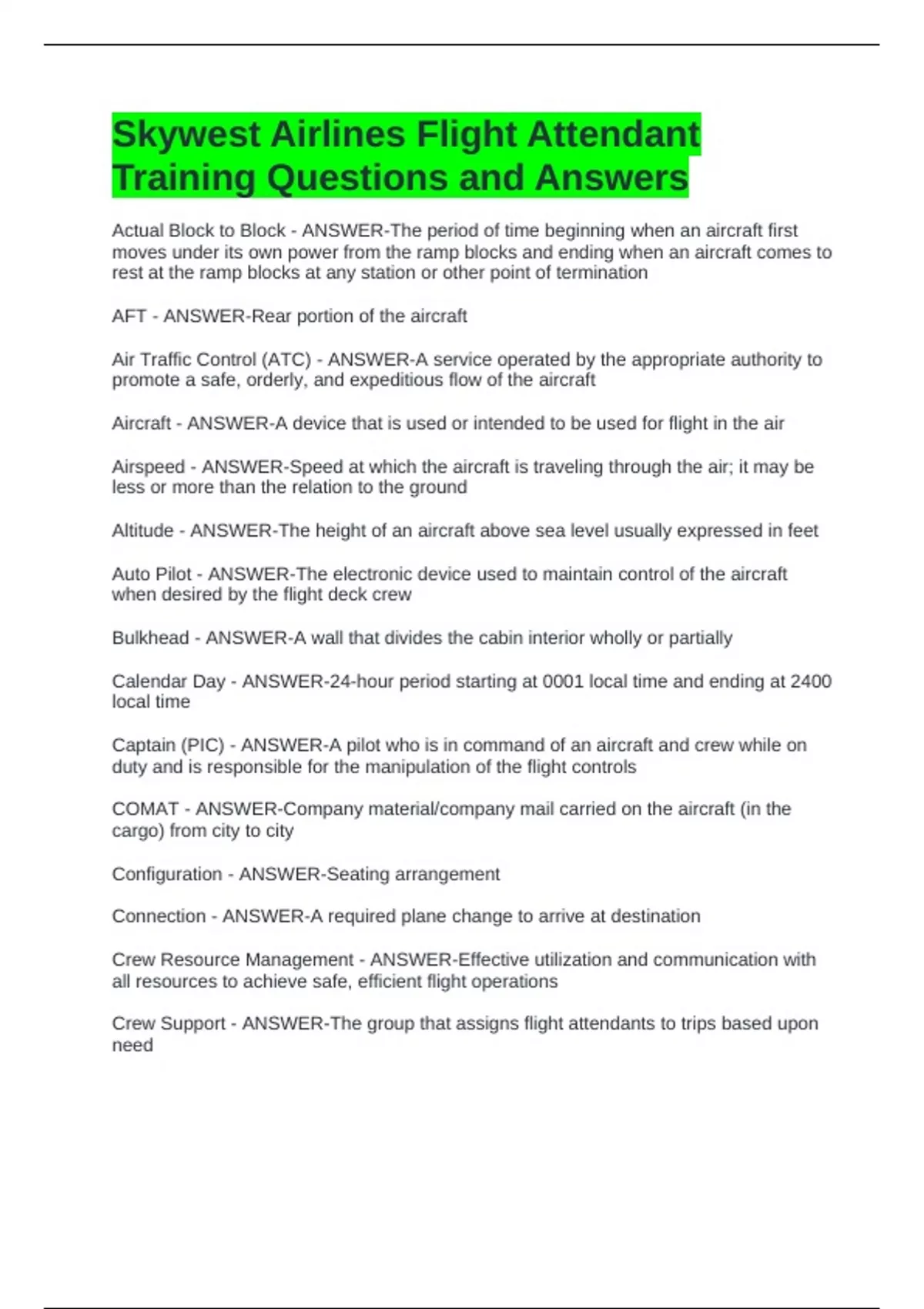 Skywest Airlines Flight Attendant Training Questions and Answers ...