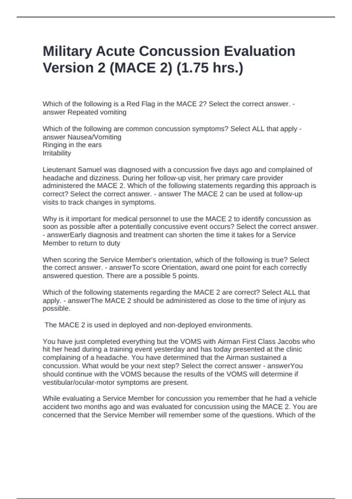 Mace Questionnaire.pdf Military Acute Concussion Evaluation Version 2 (MACE 2) (1.75 hrs ...