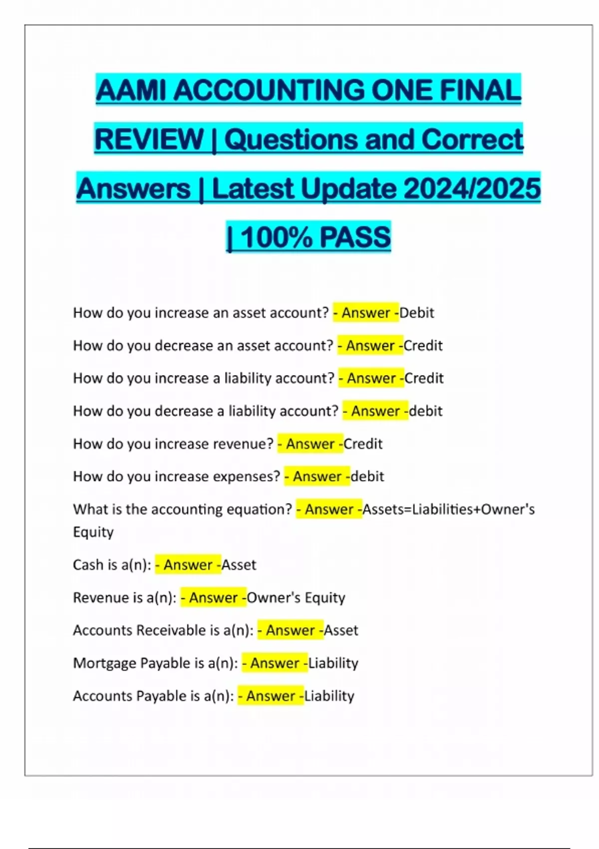AAMI ACCOUNTING ONE FINAL REVIEW | Questions and Correct Answers ...