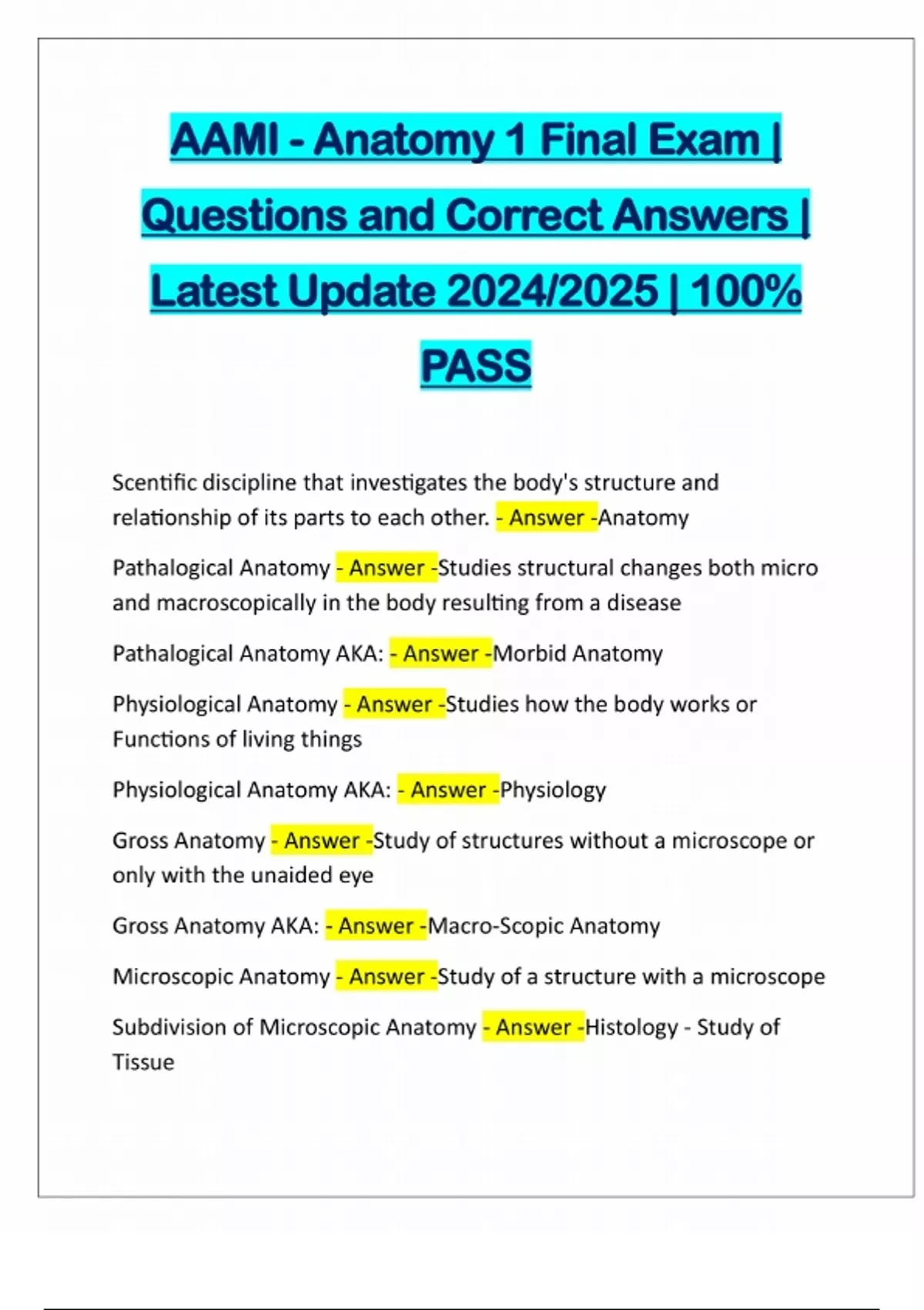 AAMI - Anatomy 1 Final Exam | Questions and Correct Answers | Latest ...
