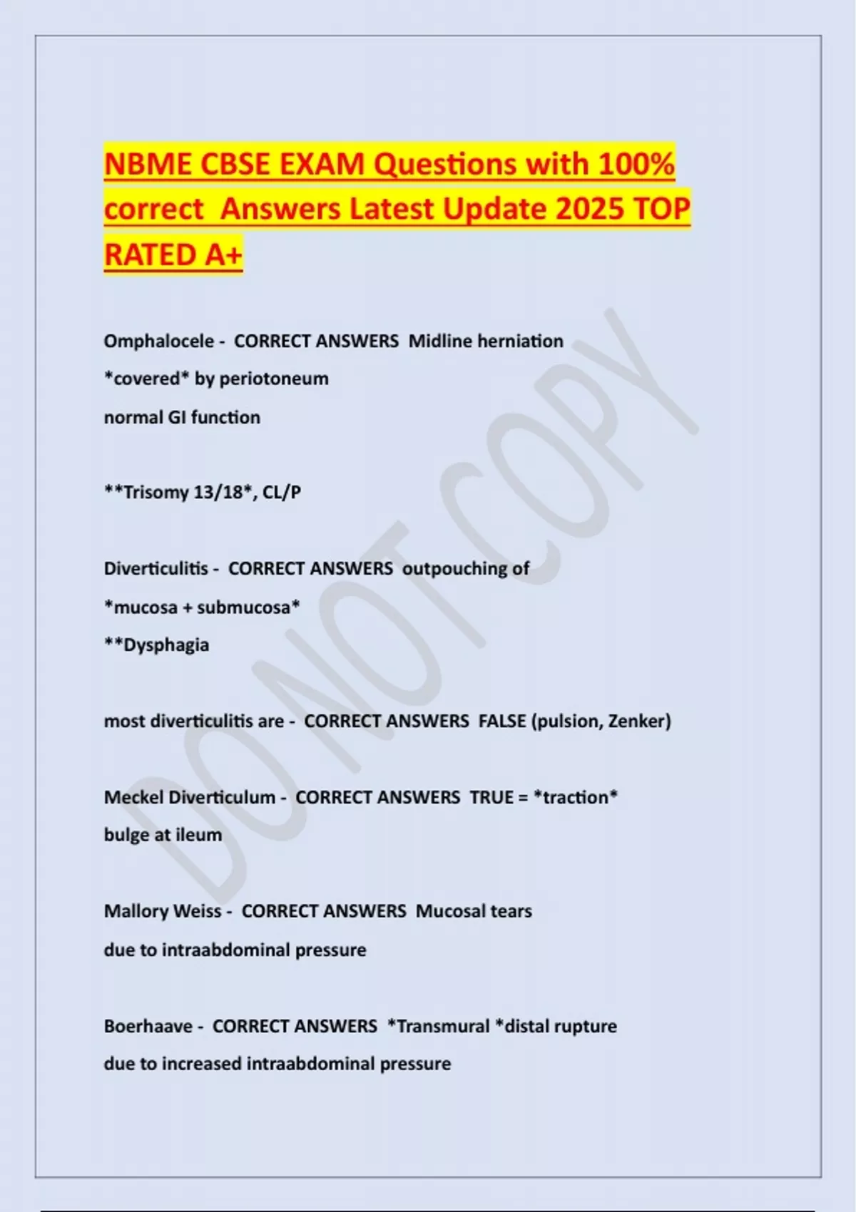 NBME CBSE EXAM Questions with 100- correct Answers Latest Update 2025 ...