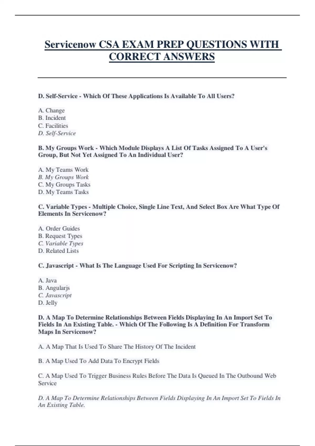 Servicenow CSA EXAM PREP QUESTIONS WITH CORRECT ANSWERS - Servicenow ...