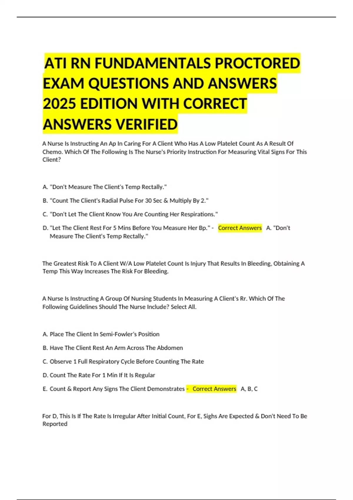 ATI RN FUNDAMENTALS PROCTORED EXAM QUESTIONS AND ANSWERS 2025 EDITION ...