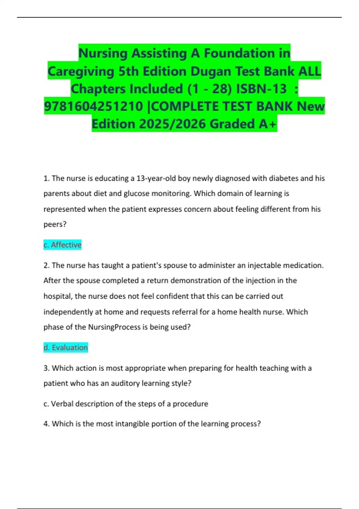 Nursing Assisting A Foundation in Caregiving 5th Edition Dugan Test ...