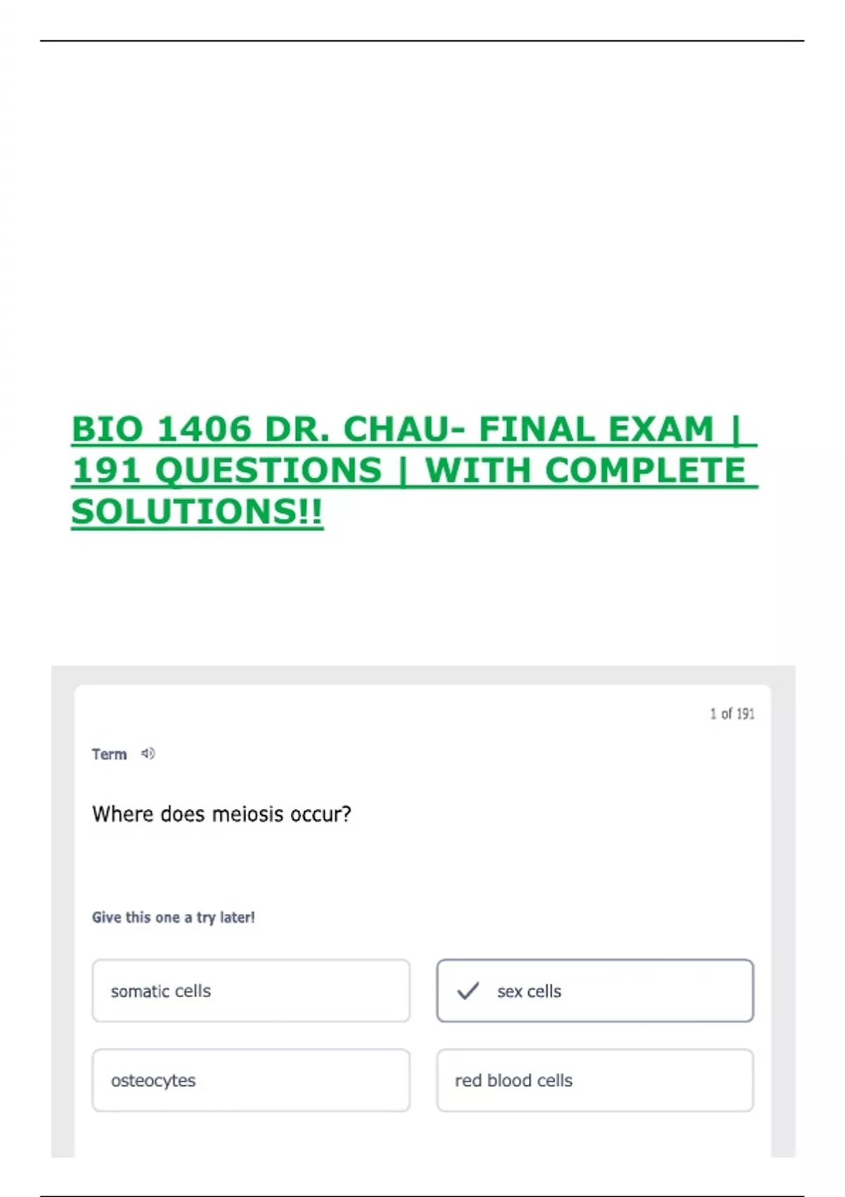BIO 1406 DR. CHAU- FINAL EXAM | 191 QUESTIONS | WITH COMPLETE SOLUTIONS ...