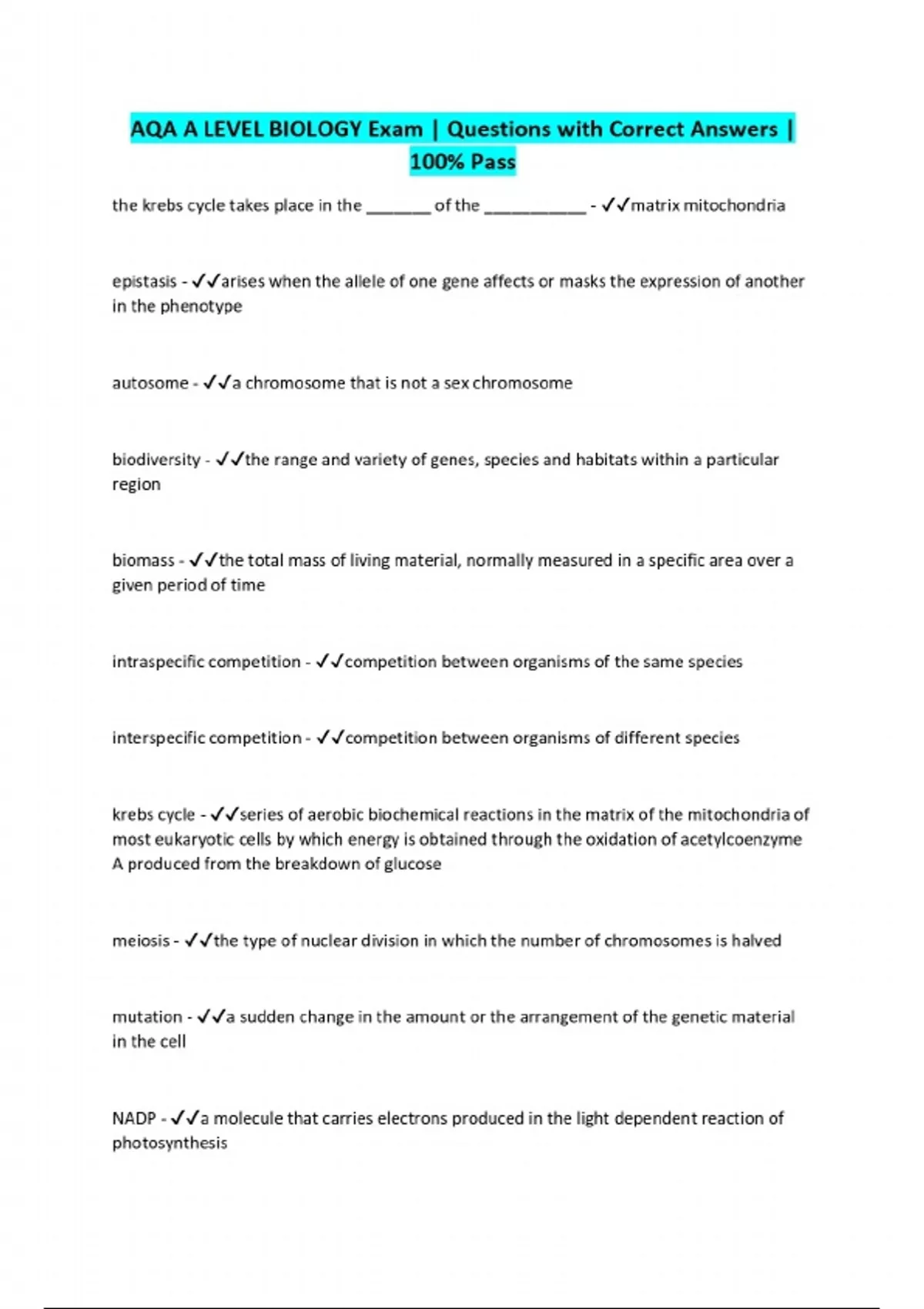 AQA A LEVEL BIOLOGY Exam | Questions with Correct Answers | 100% Pass ...
