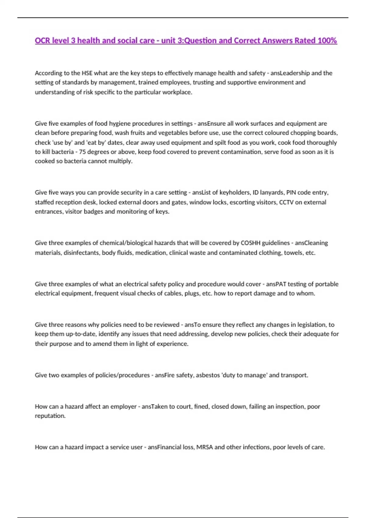 OCR level 3 health and social care - unit 3 - Health and Safety - Stuvia UK