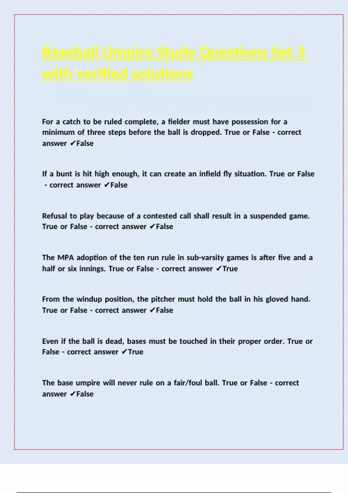 Baseball Umpire Study Questions Set 3 with verified solutions ...