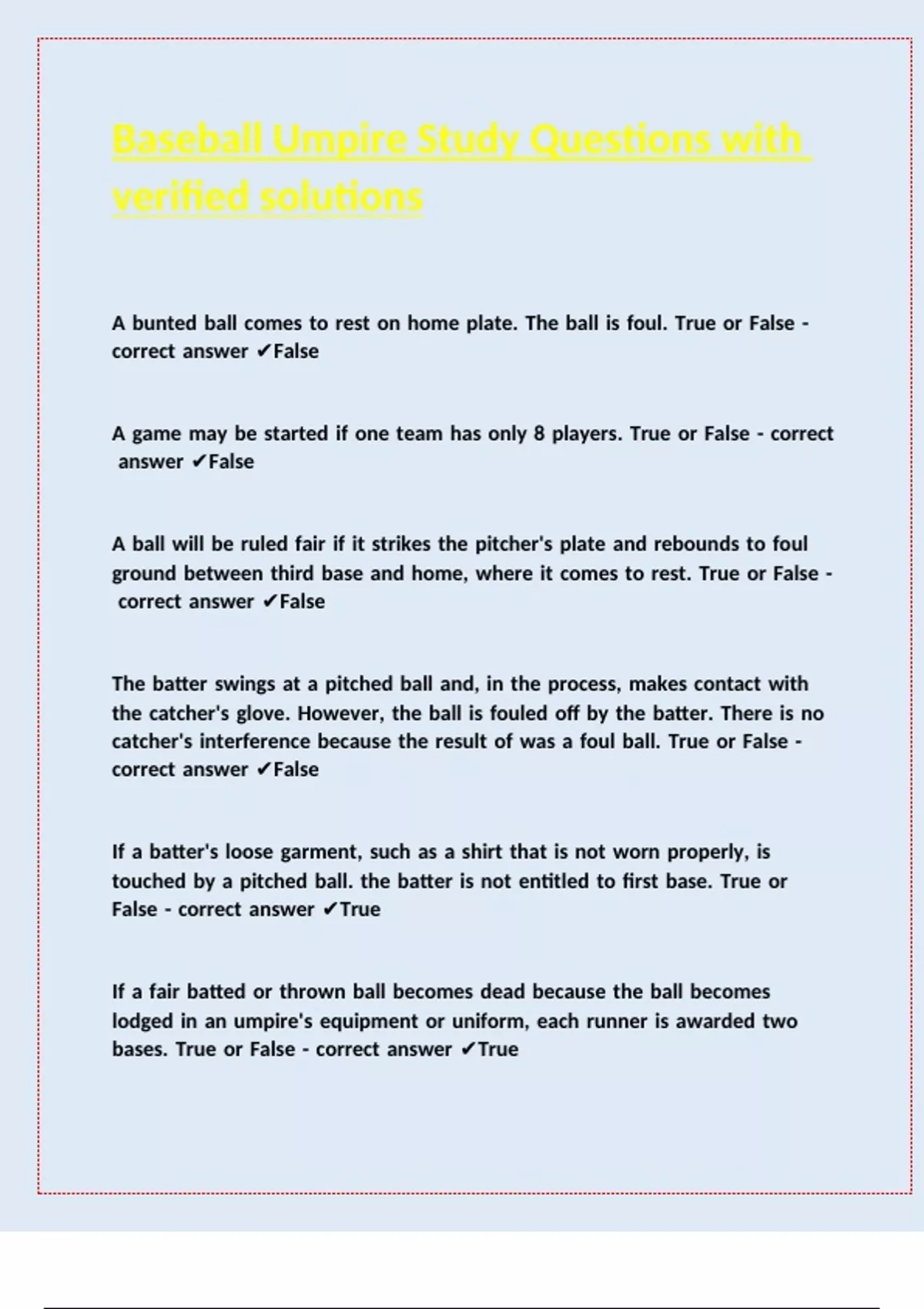 Baseball Umpire Study Questions with verified solutions - Baseball ...