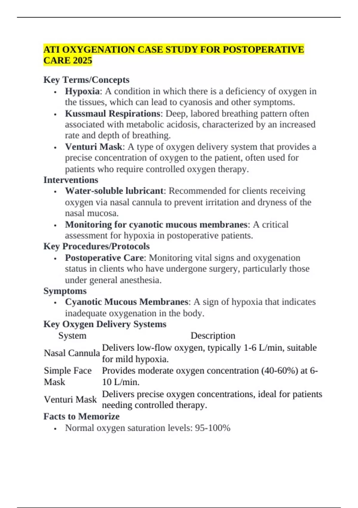 ATI OXYGENATION CASE STUDY FOR POSTOPERATIVE CARE 2025 - ATI - Stuvia US