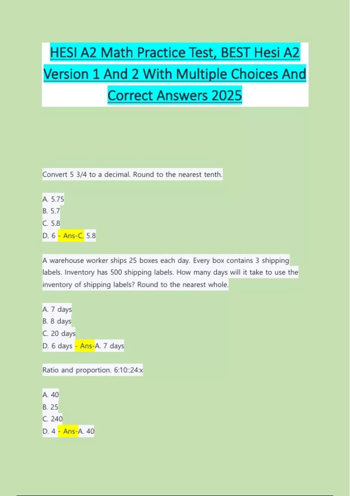 HESI A2 Math Practice Test, BEST Hesi A2 Version 1 And 2 With Multiple ...