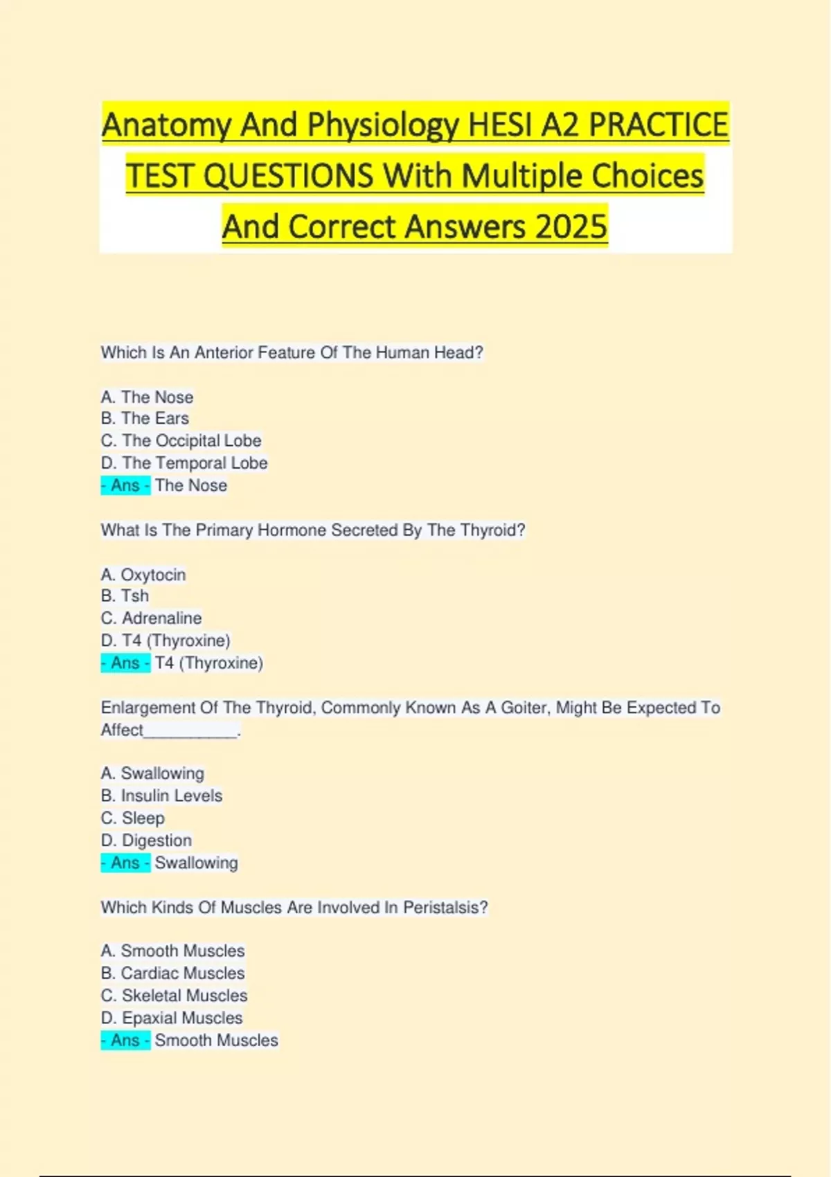 Anatomy And Physiology HESI A2 PRACTICE TEST QUESTIONS With Multiple ...