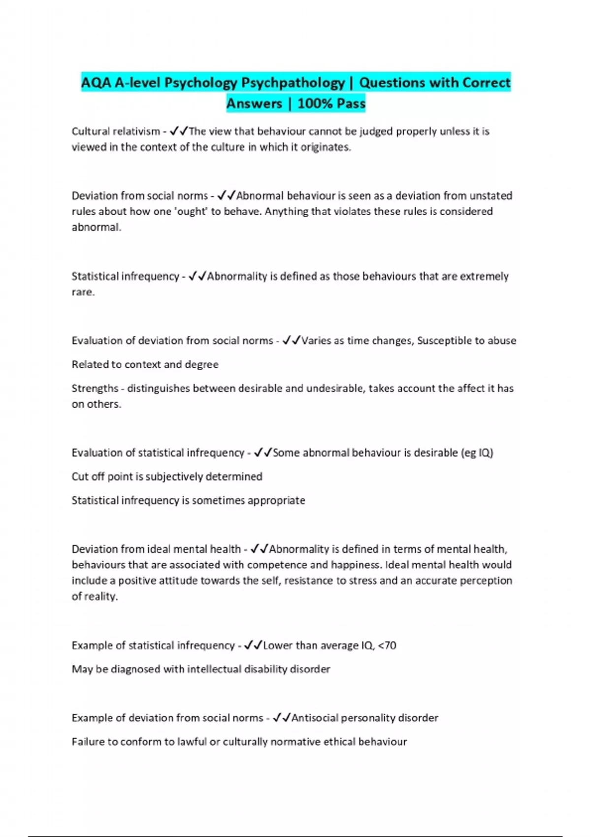 AQA A-level Psychology Psychpathology | Questions with Correct Answers ...
