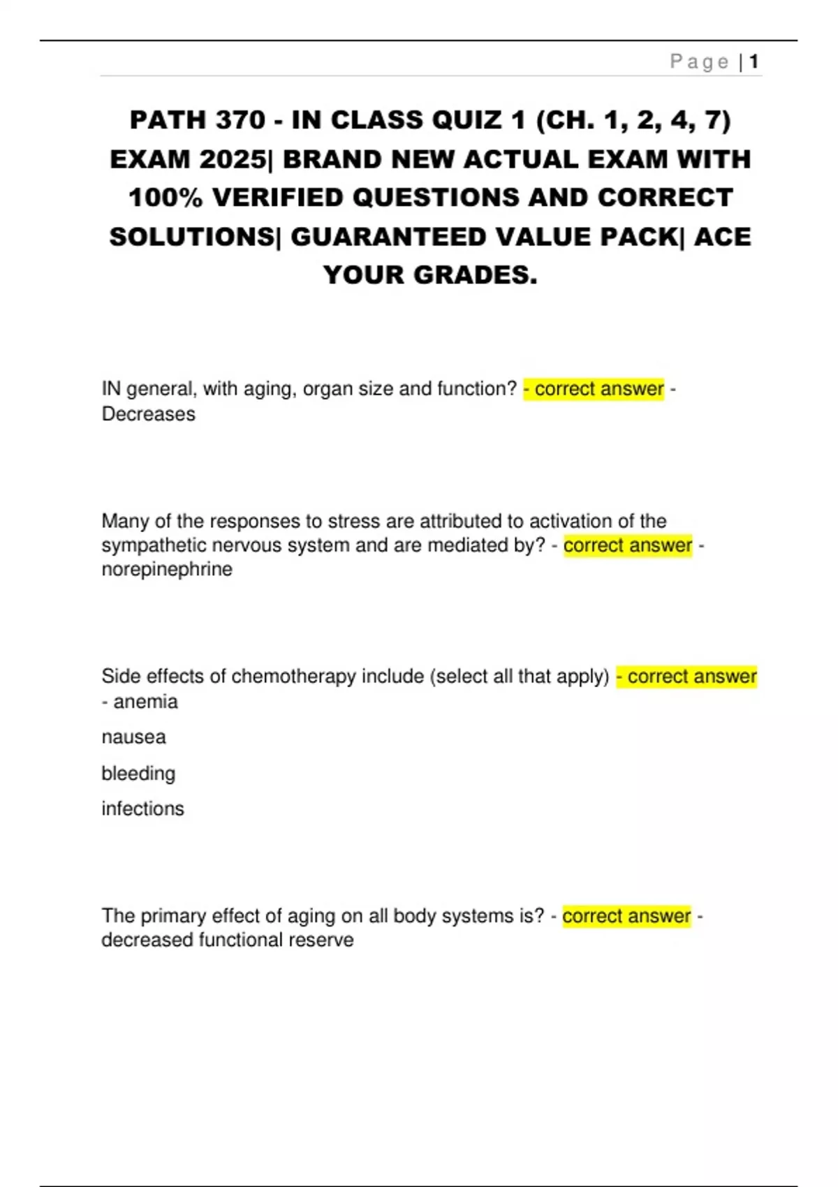 PATH 370 - IN CLASS QUIZ 1 (CH. 1, 2, 4, 7) EXAM 2025| BRAND NEW ACTUAL ...