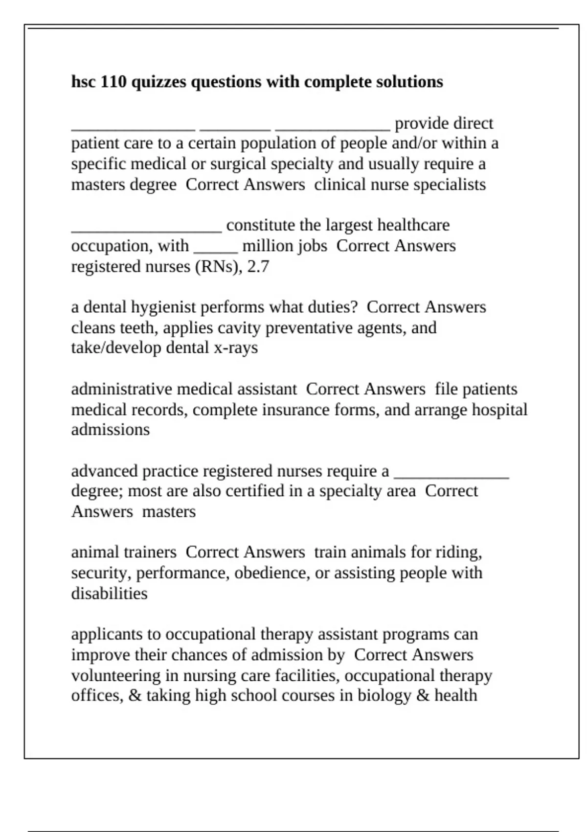 hsc 110 quizzes questions with complete solutions - Hsc 110 - Stuvia US