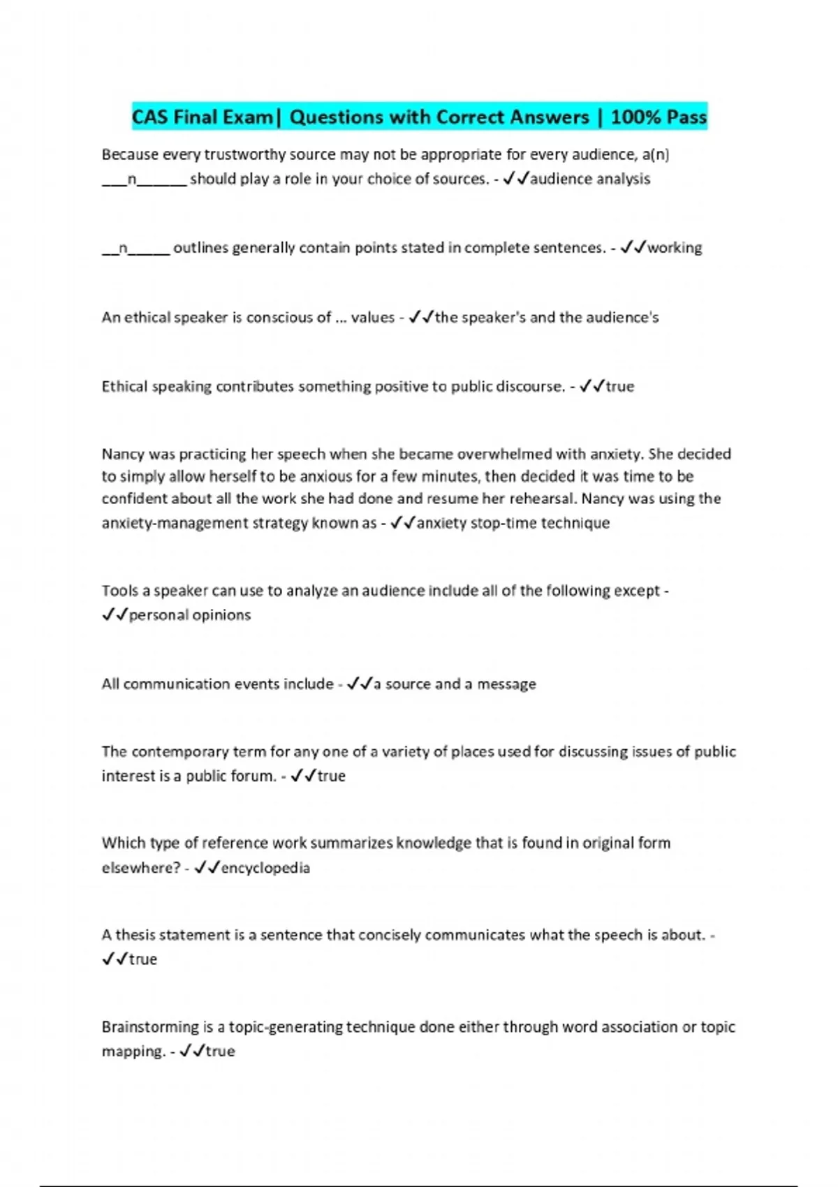 Cas Answer Sheets CAS Final Exam| Questions with Correct Answers | 100% Pass - CAS ...