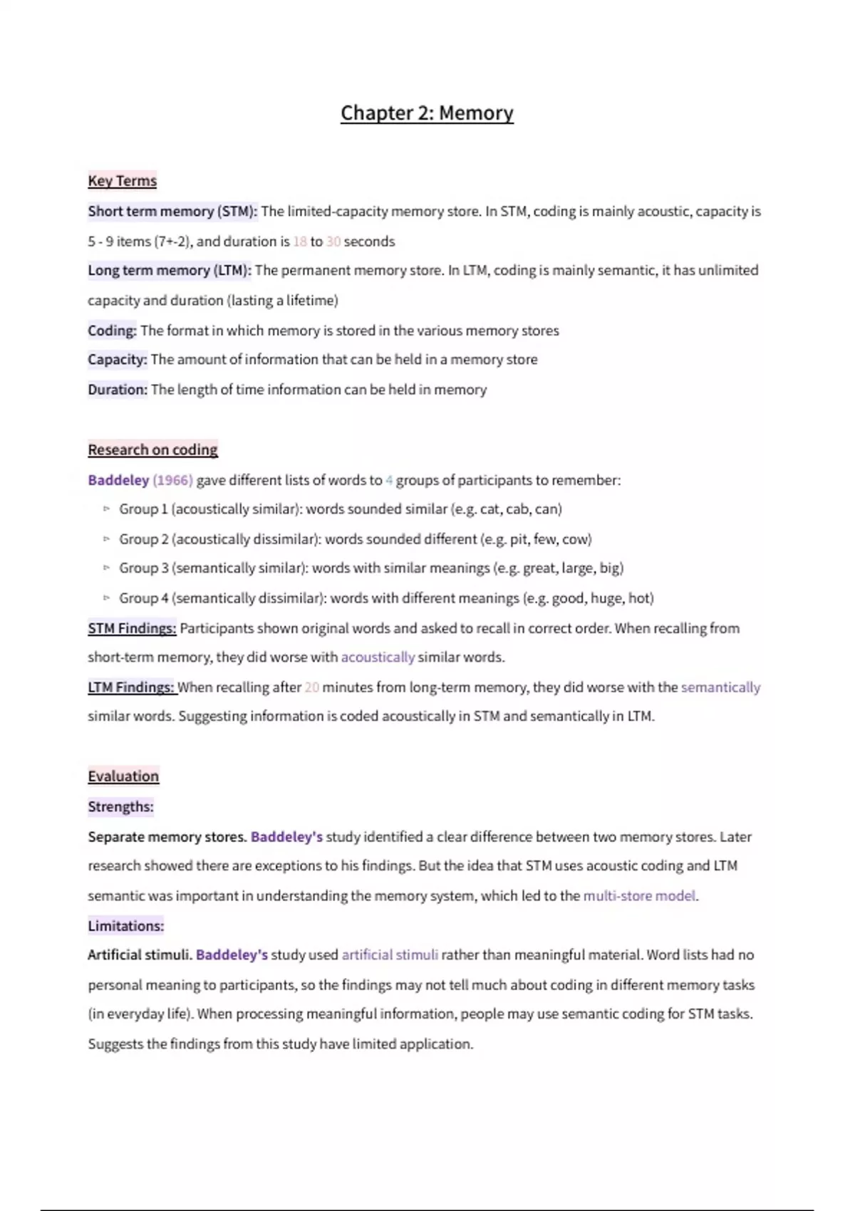 Summary A-Level Psychology: Chapter 2 - Memory Complete Revision Notes ...
