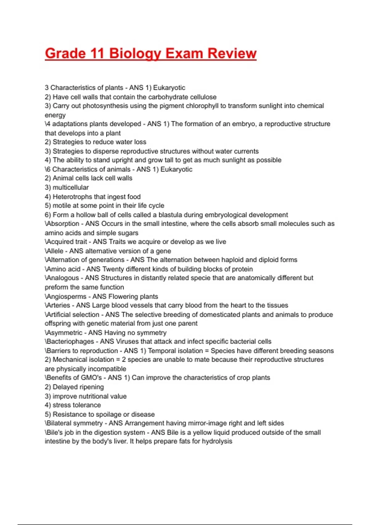 Grade 11 Biology Exam Review 2025/2026 Questions With Completed ...