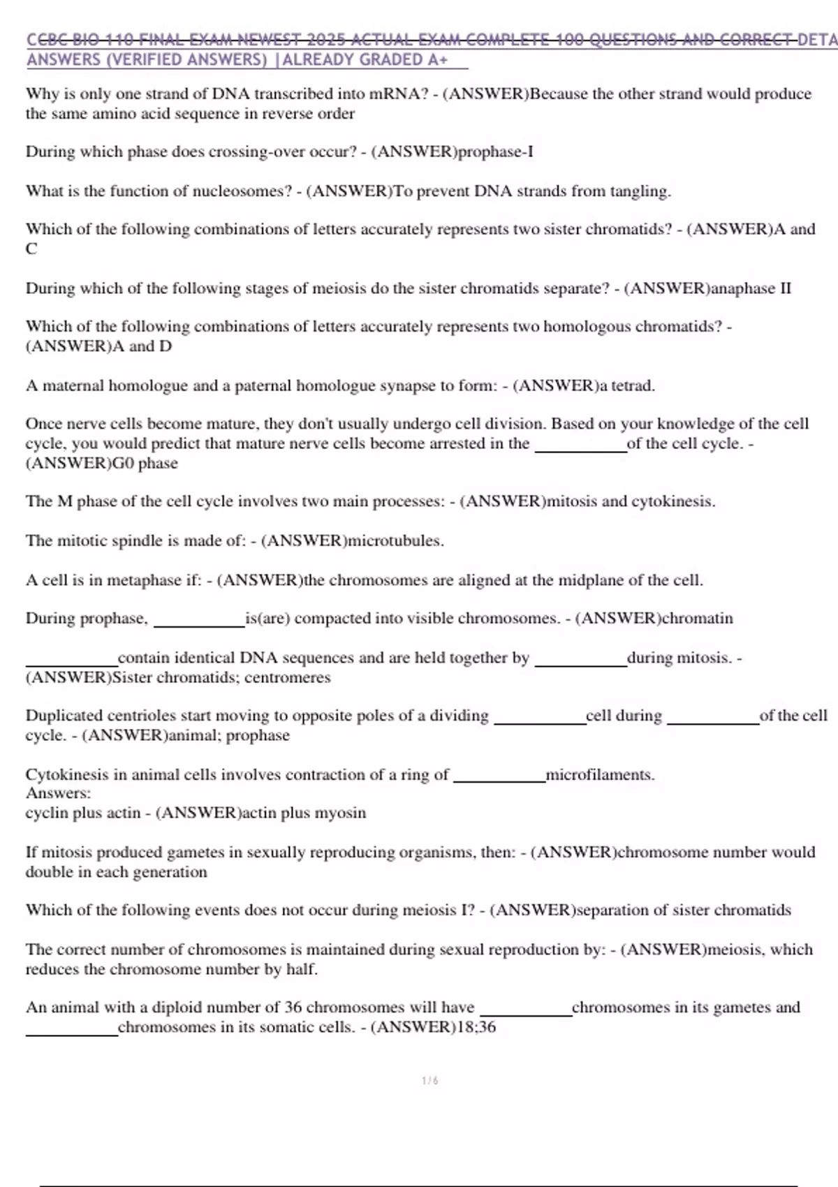 CCBC BIO 110 FINAL EXAM NEWEST 2025 ACTUAL EXAM COMPLETE 100 QUESTIONS ...