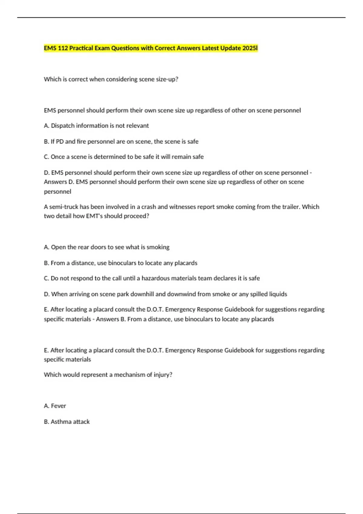 EMS 112 Practical Exam Questions with Correct Answers Latest Update ...