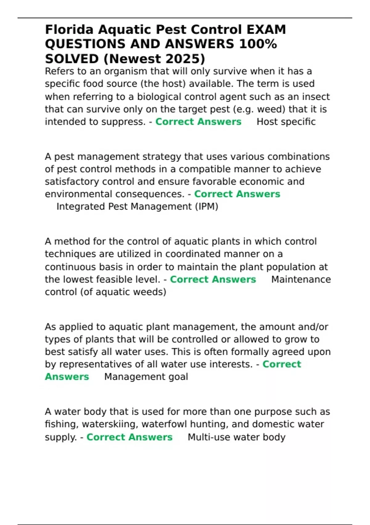 Florida Aquatic Pest Control EXAM QUESTIONS AND ANSWERS 100- SOLVED ...