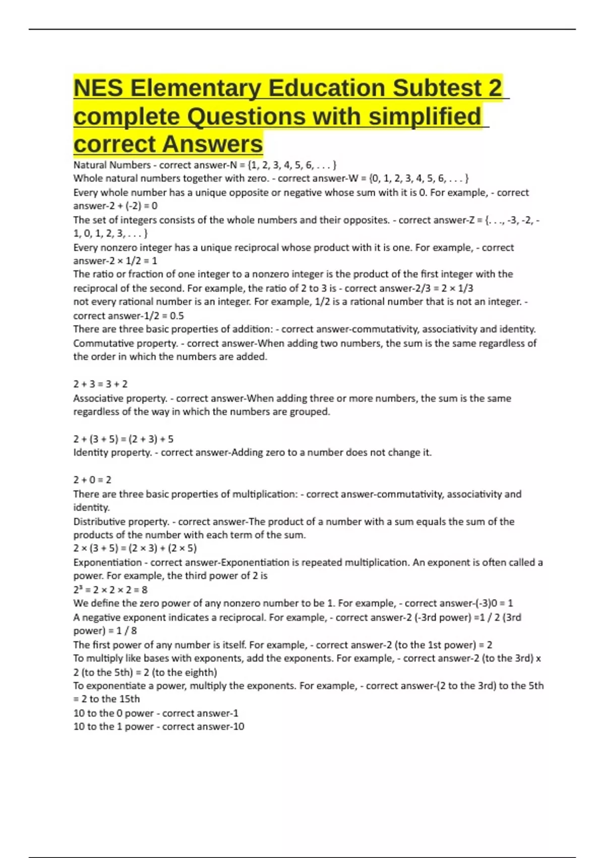 NES Elementary Education Subtest 2 complete Questions with simplified ...