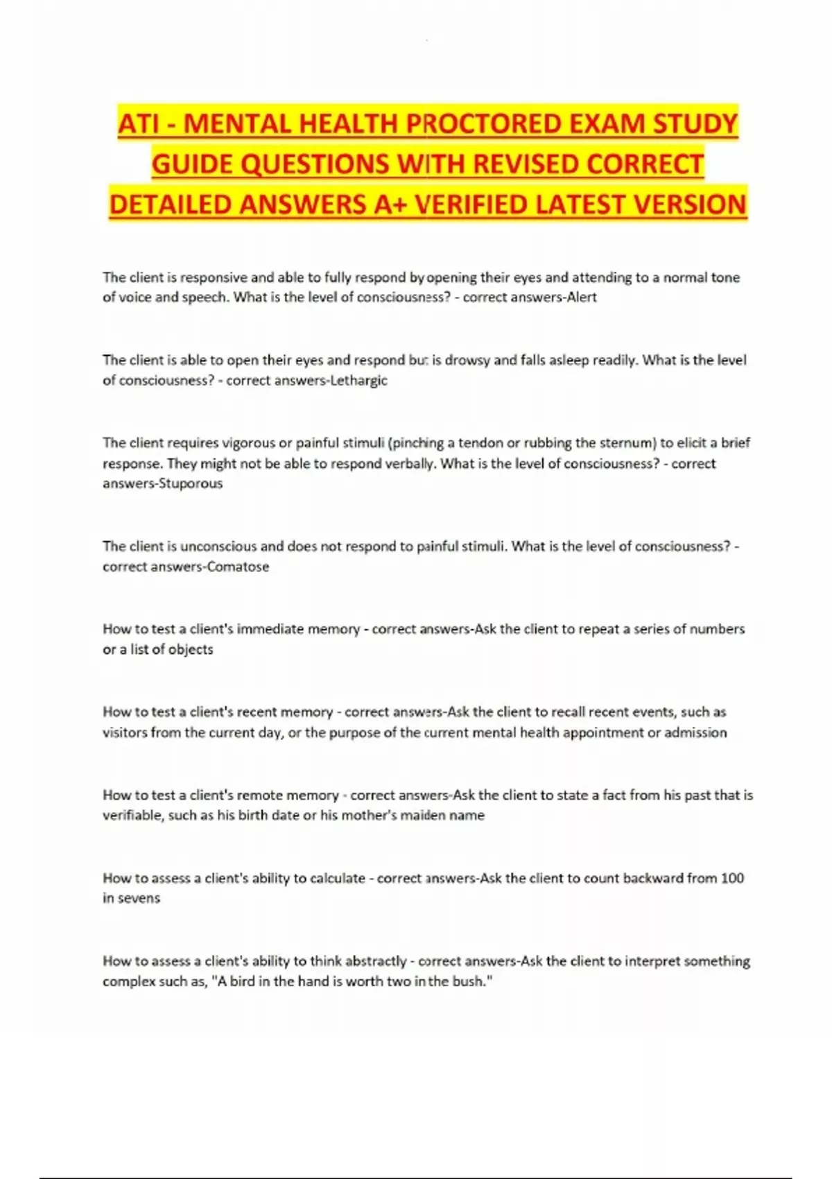 ATI - MENTAL HEALTH PROCTORED EXAM STUDY GUIDE QUESTIONS WITH REVISED ...