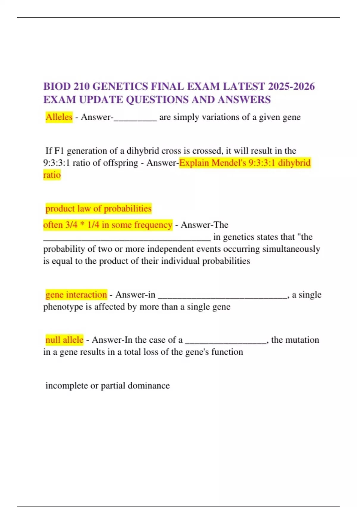 BIOD 210 GENETICS FINAL EXAM LATEST EXAM UPDATE QUESTIONS AND ANSWERS ...