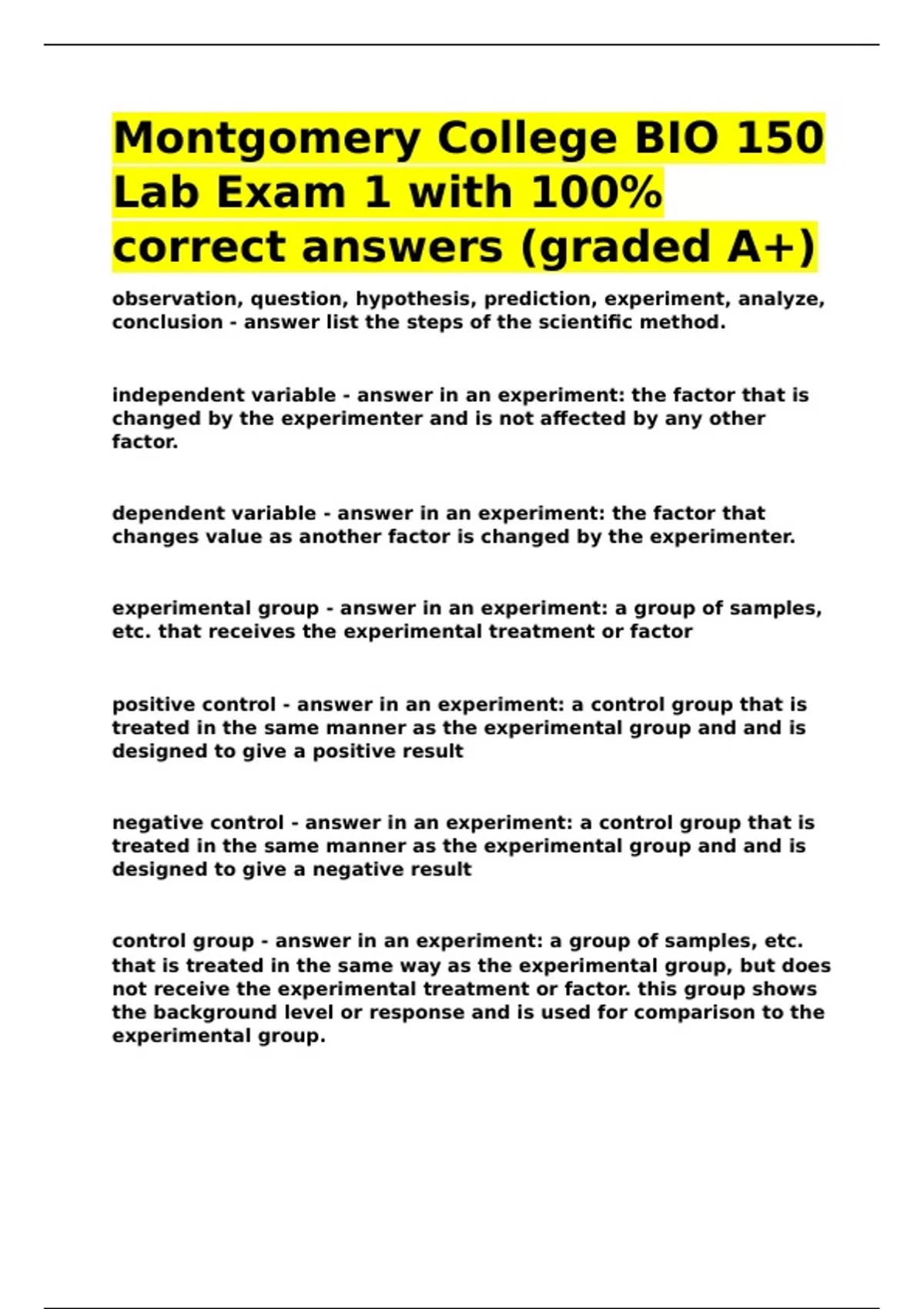 Montgomery College BIO 150 Lab Exam 1 with 100- correct answers (graded ...