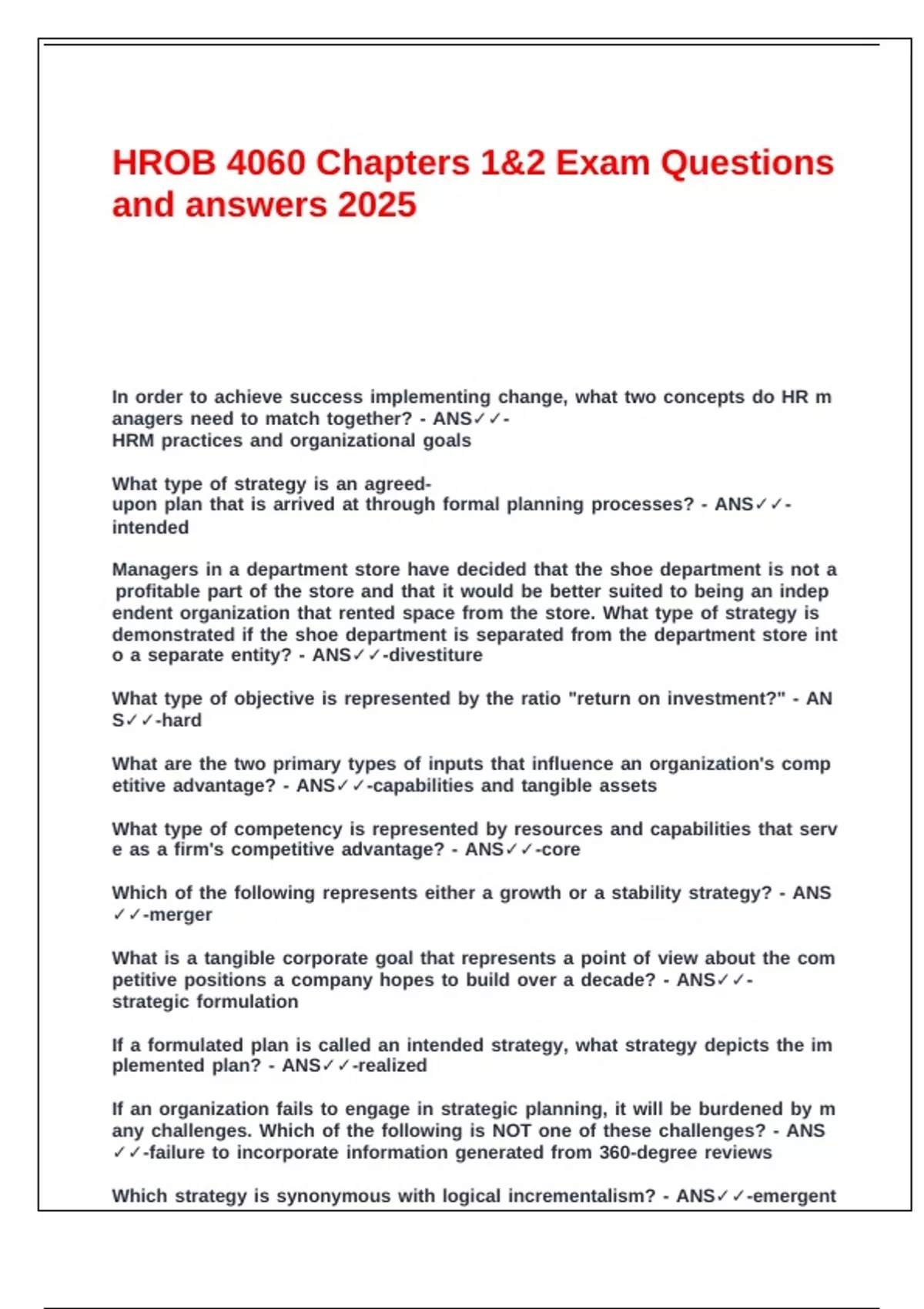 HROB 4060 Chapters 1&2 Exam Questions and answers 2025. - HROB 4060 ...