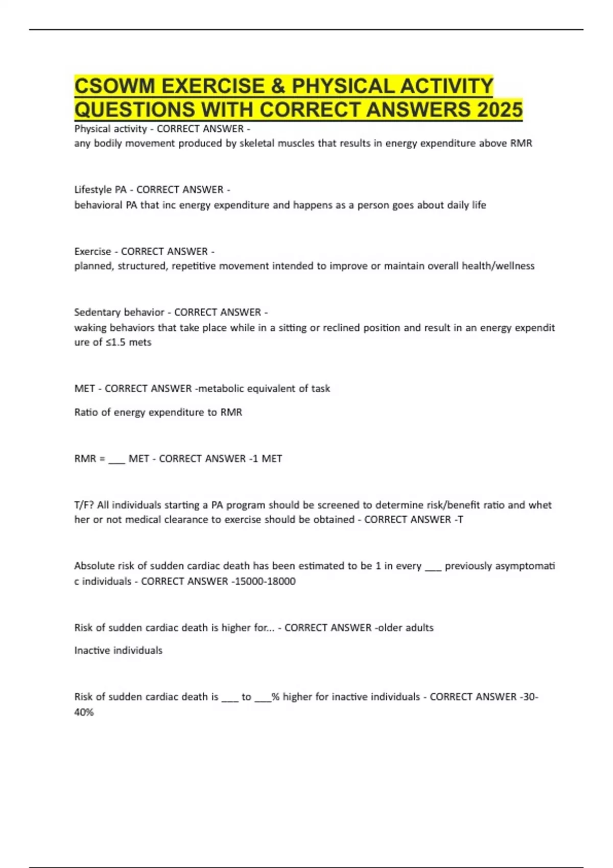 CSOWM EXERCISE & PHYSICAL ACTIVITY QUESTIONS WITH CORRECT ANSWERS 2025 ...